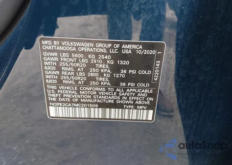 2021 Volkswagen Atlas Cross Sport 3.6L V6 Se W/Technology R-Line from USA, damaged, VIN 1V2PE2CA7MC201509